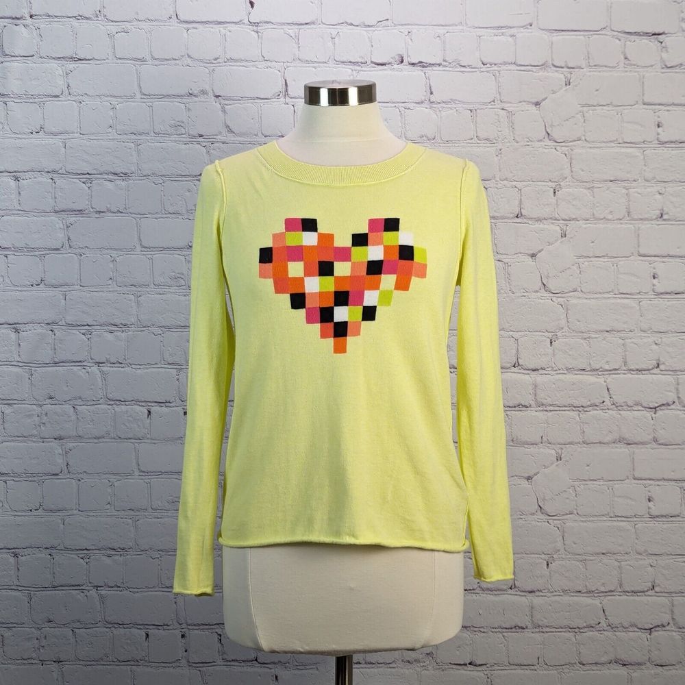 Lisa Todd Medium Fine Gauge Sweater Yellow Lime Green Sweater w Pixelated Heart
